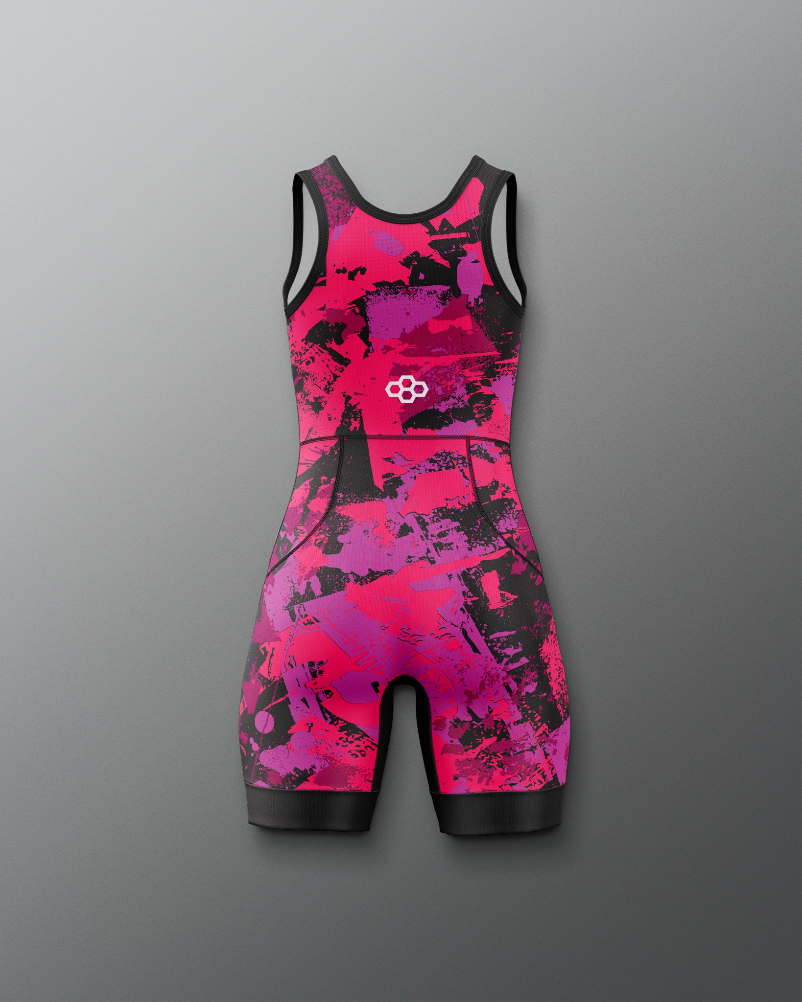 Pink and black athletic suit with a logo on a gray background