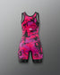 Pink and black athletic suit with a logo on a gray background