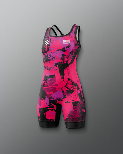 Pink and black athletic suit on a gray background