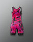 Pink and black athletic suit with a logo on a gray background