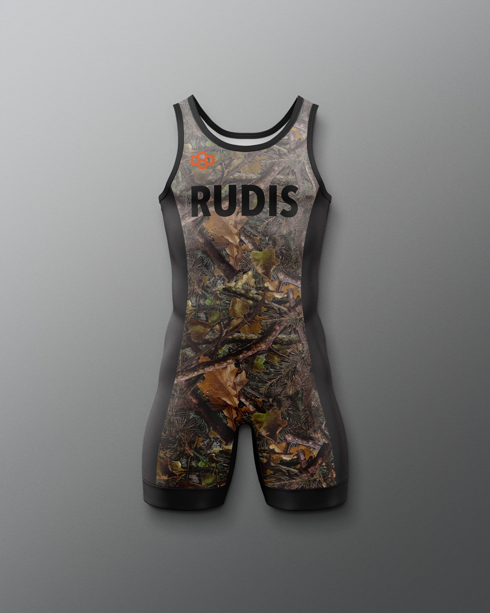 Camouflage wrestling singlet with 'RUDIS' branding on a gray background