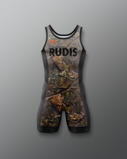Camouflage wrestling singlet with 'RUDIS' branding on a gray background