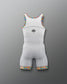 Gray wrestling singlet with colorful trim on a gray background