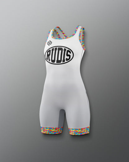 White wrestling singlet with colorful accents and 'RUDIS' branding on a gray background