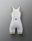 White athletic outfit with colorful accents on a gray background
