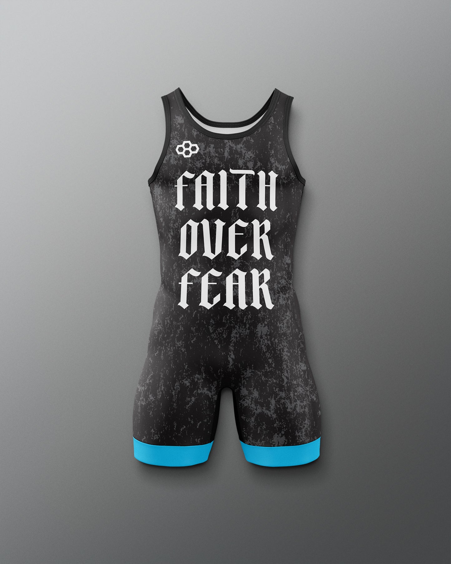 Black wrestling singlet with 'Faith Over Fear' text on a gray background