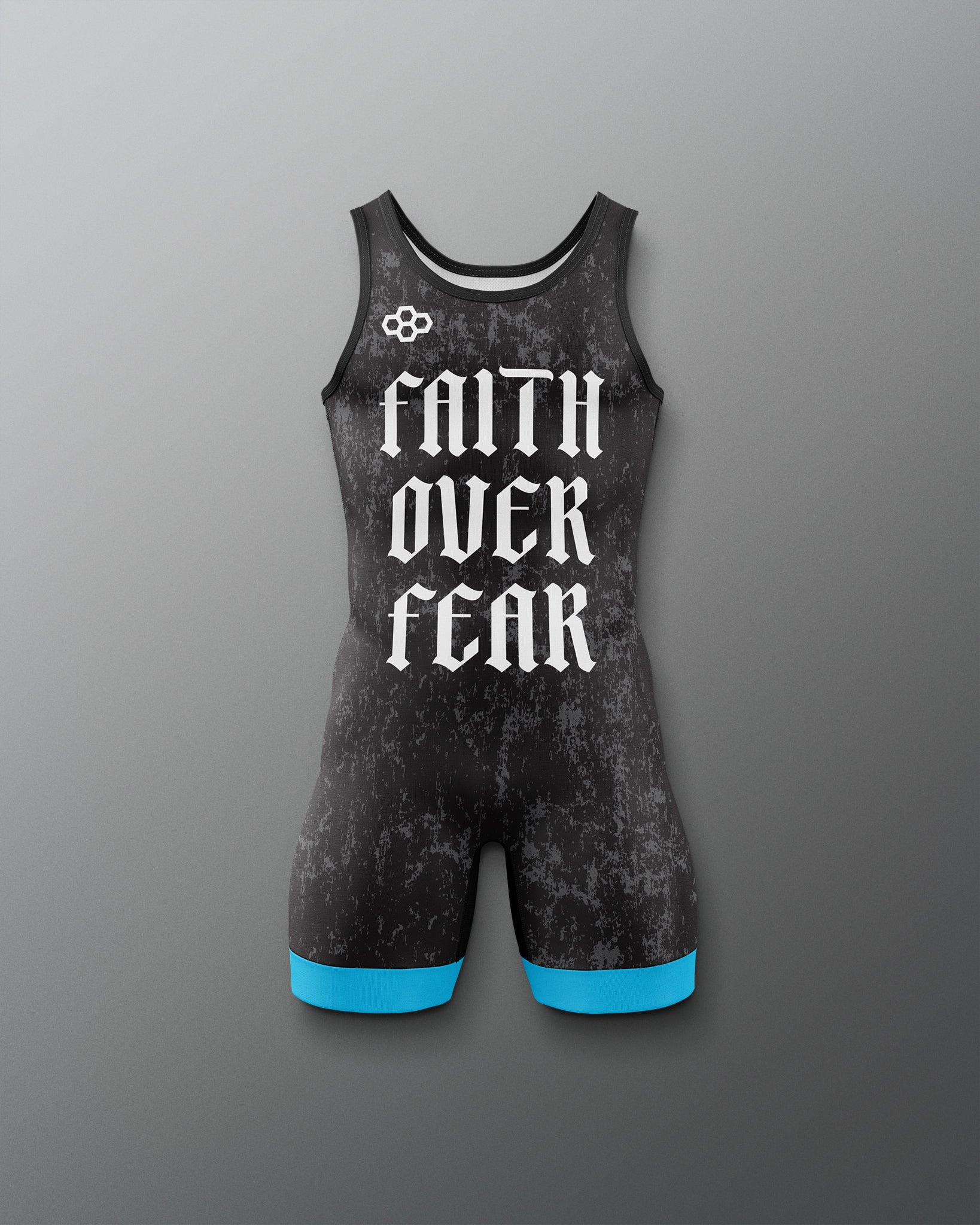 Black wrestling singlet with 'Faith Over Fear' text on a gray background