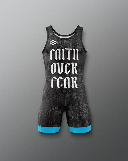 Black wrestling singlet with 'Faith Over Fear' text on a gray background