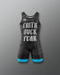 Black wrestling singlet with 'Faith Over Fear' text on a gray background
