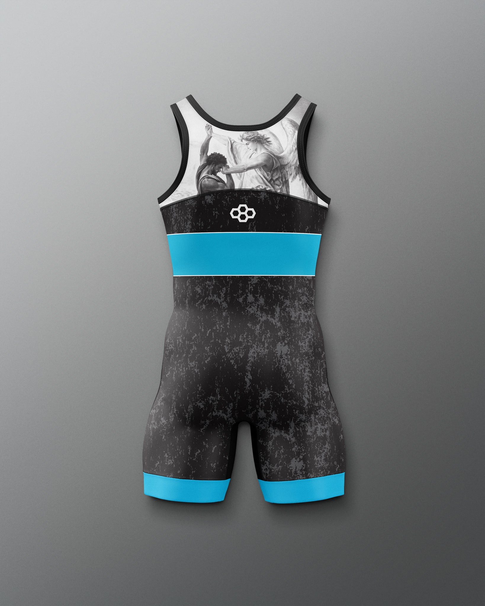 Black and blue wrestling singlet with a logo on a gray background