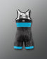 Black and blue wrestling singlet with a logo on a gray background