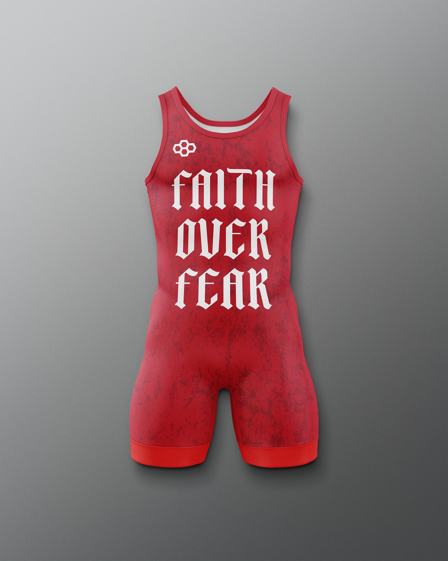 Red wrestling singlet with 'Faith Over Fear' text on a gray background