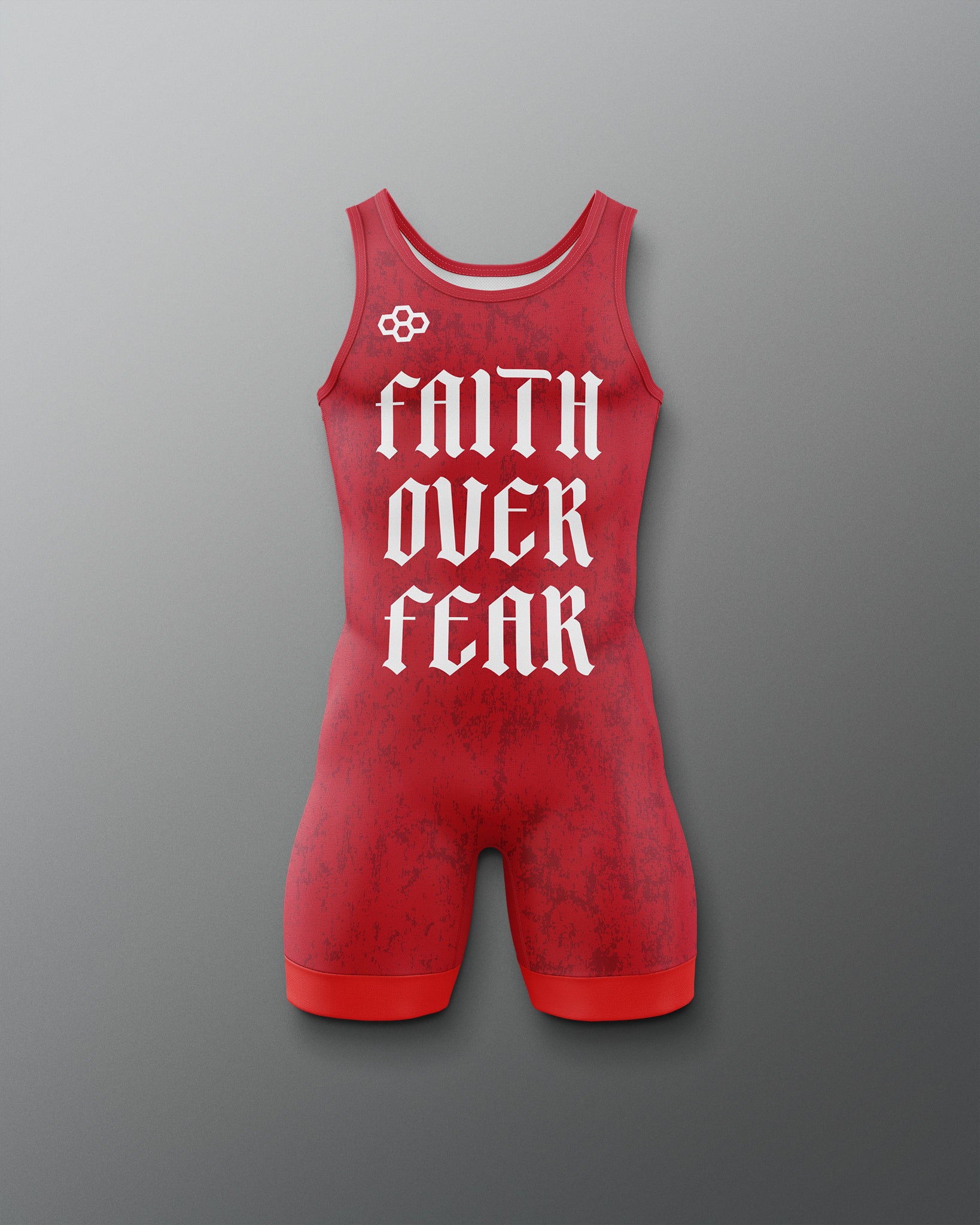 Red wrestling singlet with 'Faith Over Fear' text on a gray background