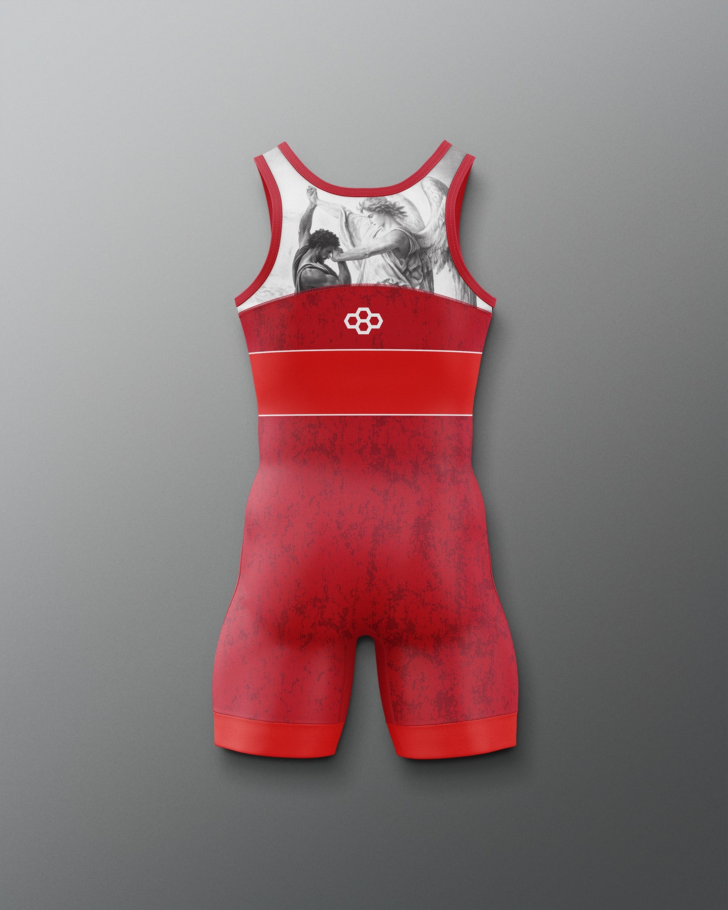 Red wrestling singlet with white graphic on a gray background