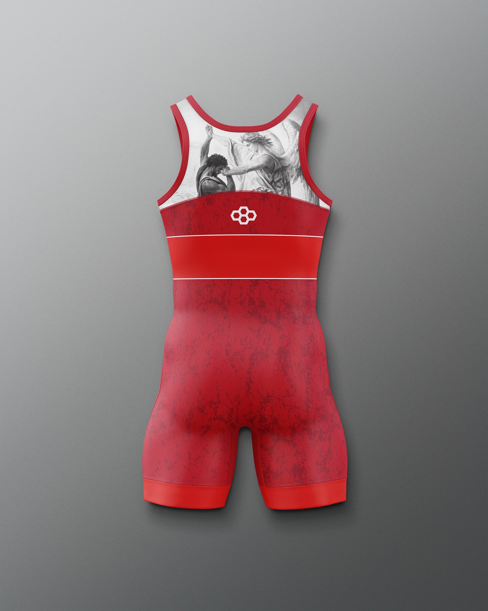 Red wrestling singlet with white graphic on a gray background