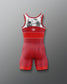 Red wrestling singlet with white graphic on a gray background