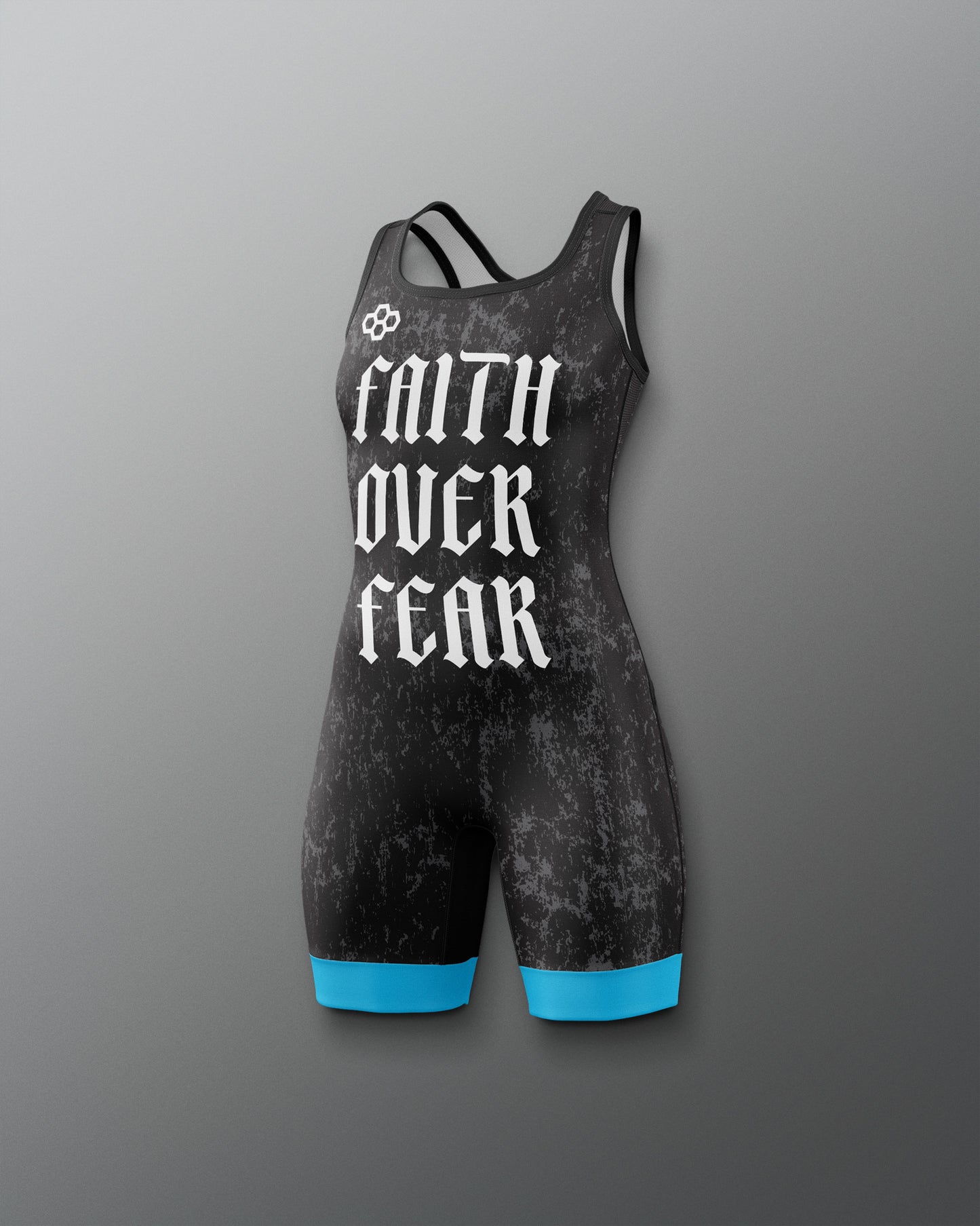 Black wrestling singlet with 'Faith Over Fear' text on a gray background
