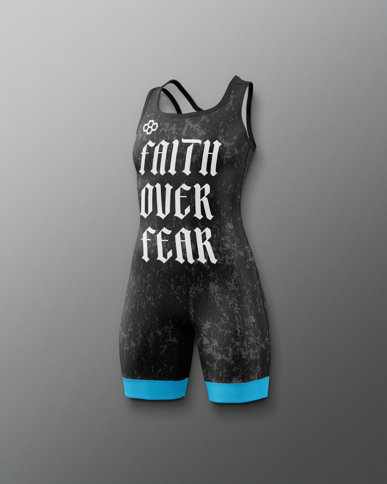 Black wrestling singlet with 'Faith Over Fear' text on a gray background