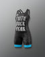 Black wrestling singlet with 'Faith Over Fear' text on a gray background