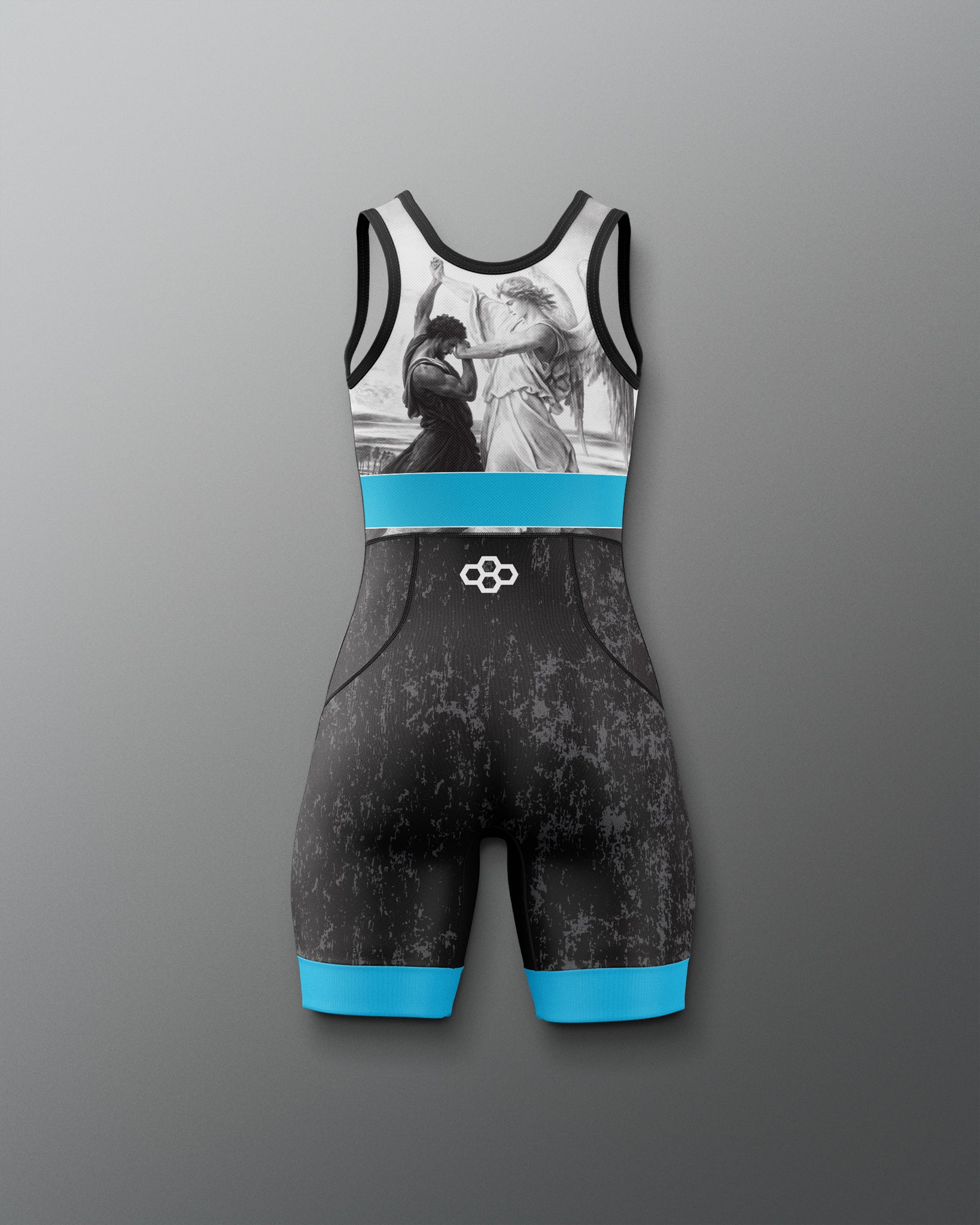 Black and blue wrestling singlet with graphic design on a gray background