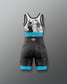 Black and blue wrestling singlet with graphic design on a gray background