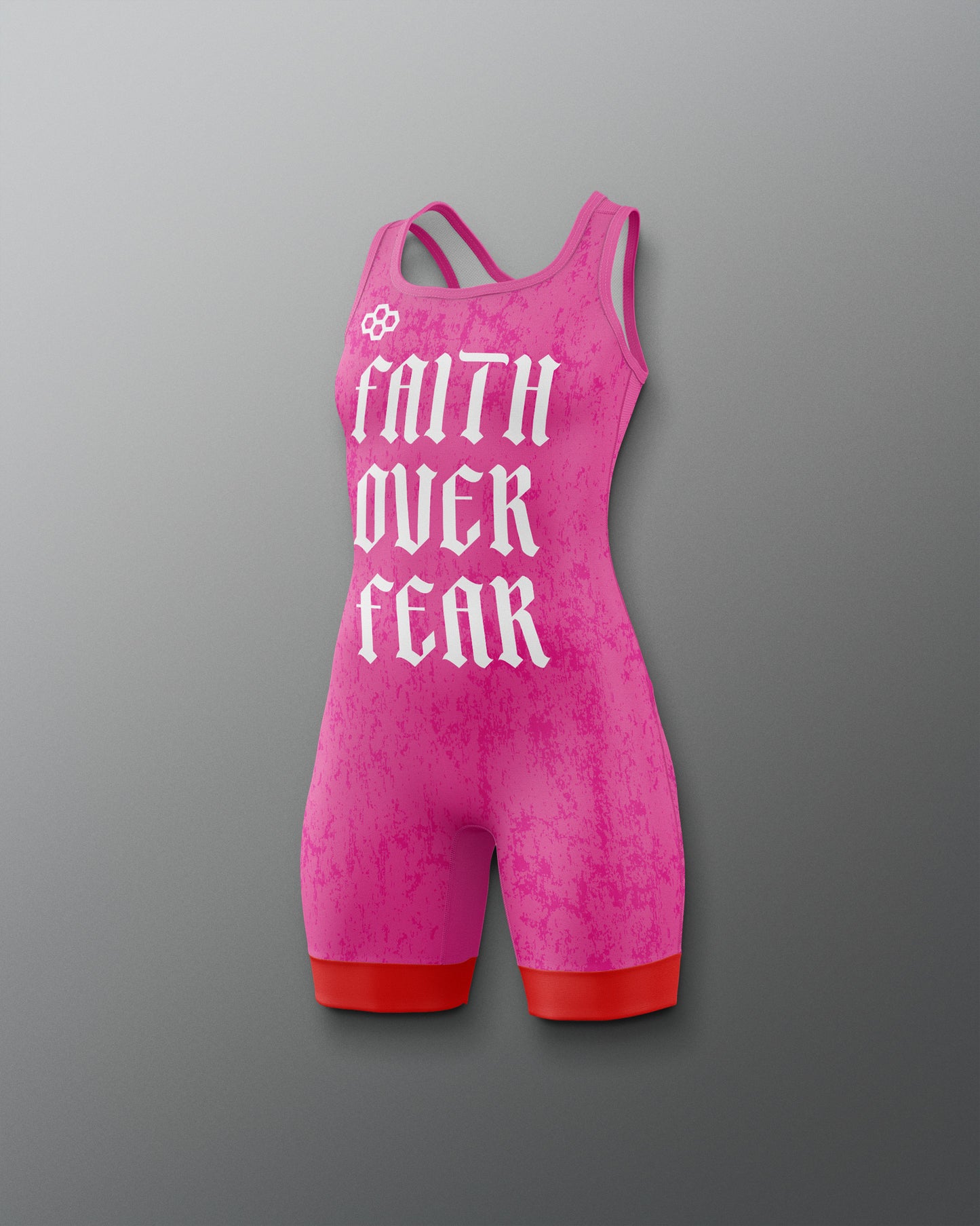 Pink wrestling singlet with 'Faith Over Fear' text on a gray background