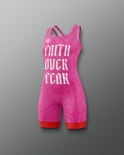 Pink wrestling singlet with 'Faith Over Fear' text on a gray background