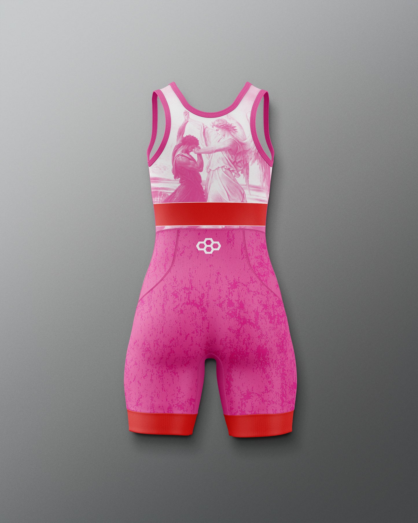 Pink and red wrestling singlet with a logo on a gray background