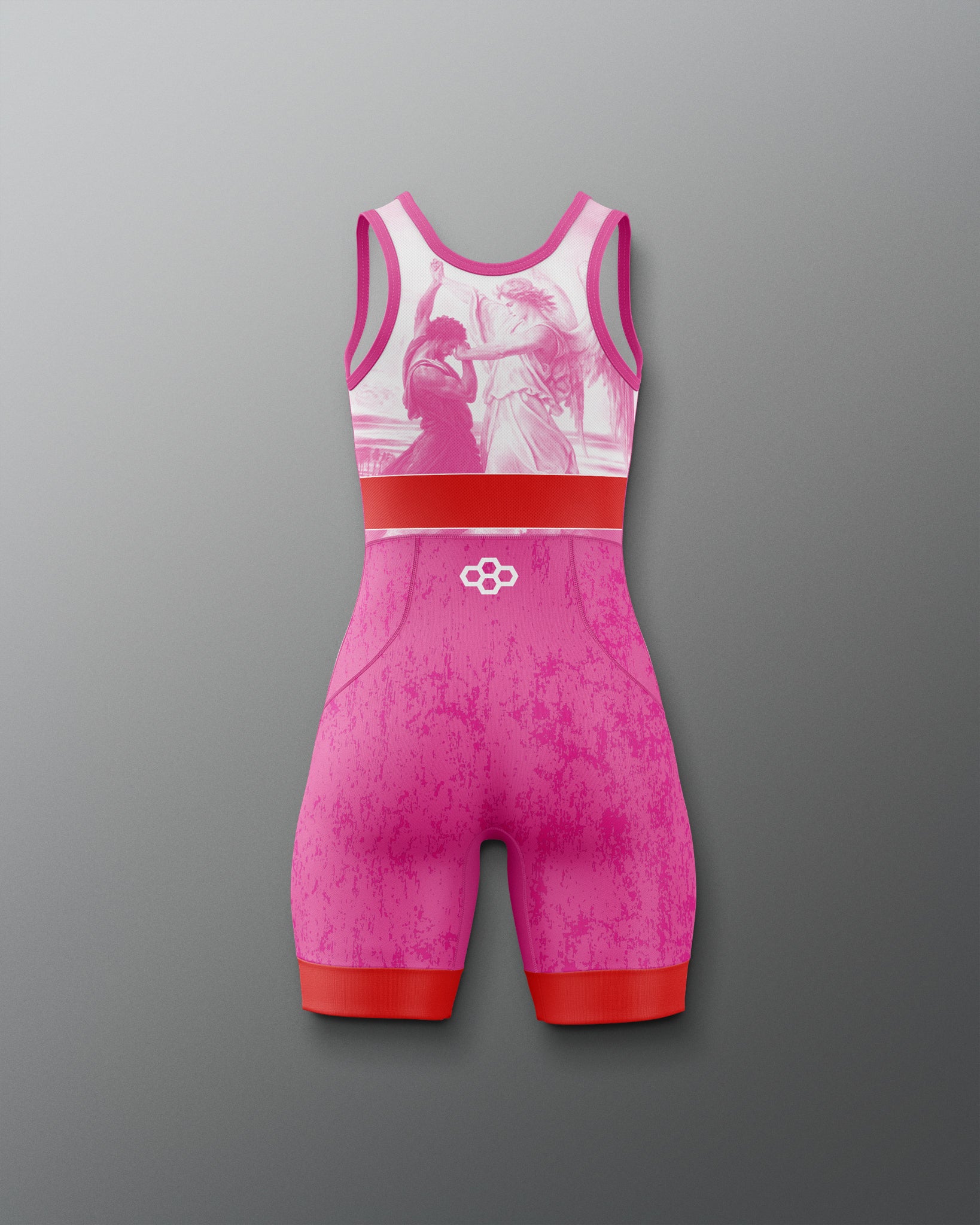 Pink and red wrestling singlet with a logo on a gray background