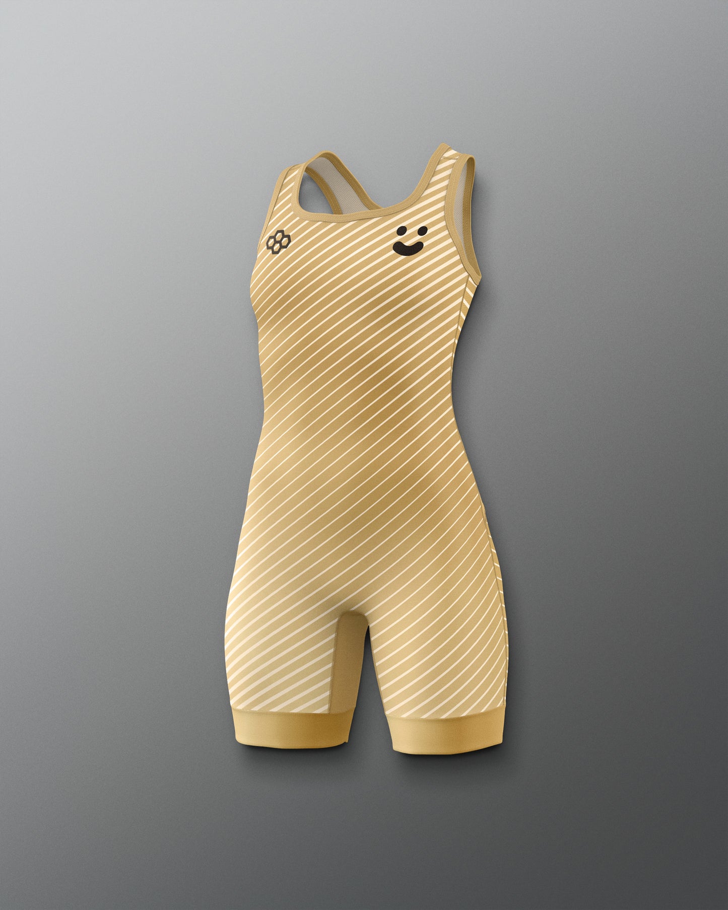 A sleeveless athletic one-piece wresting singlet in pale yellow with thin diagonal white stripes, featuring a black logo on the left chest and a small black smiley face on the right chest, shown against a gray gradient background.