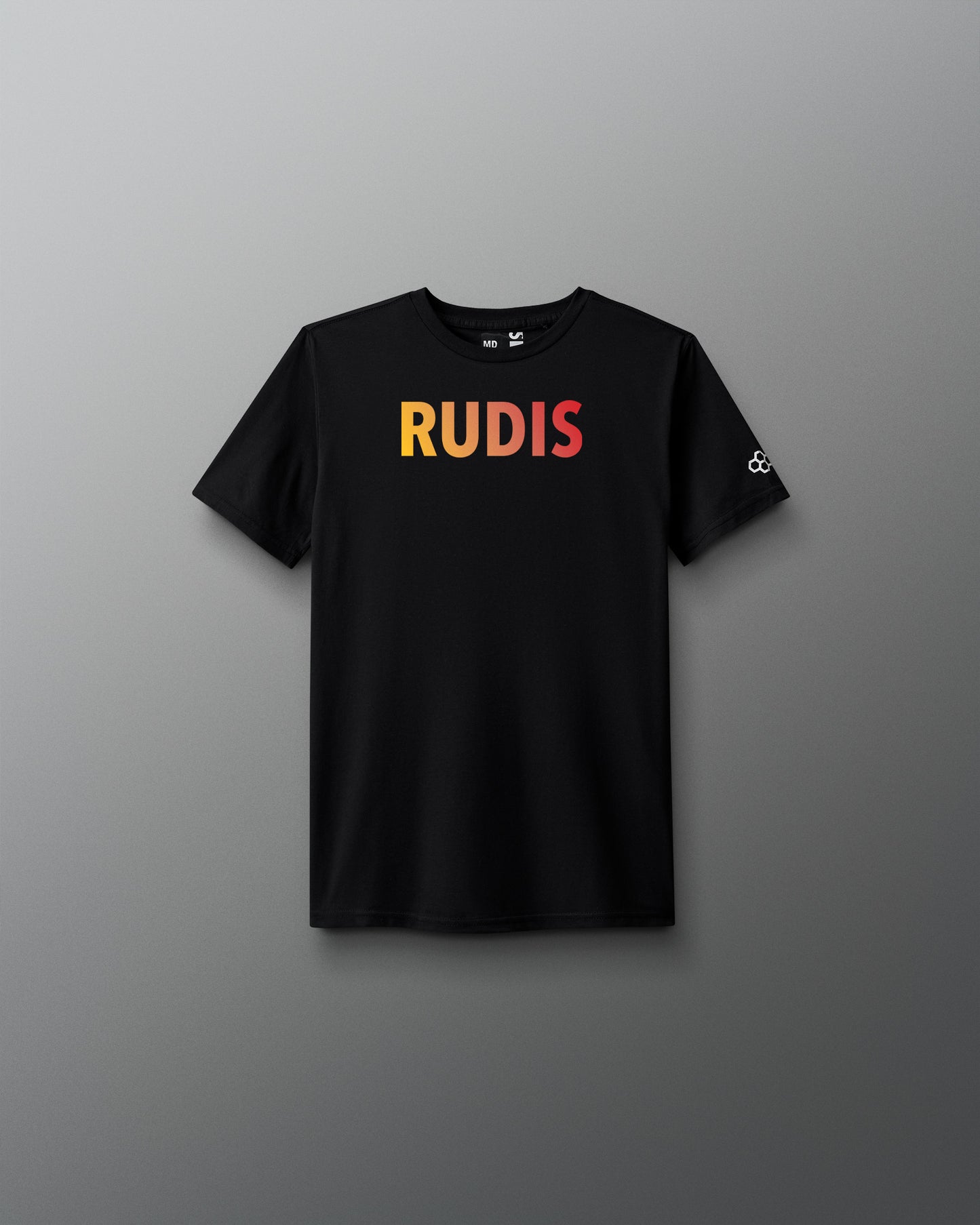 Black t-shirt with 'RUDIS' printed on it against a gray background