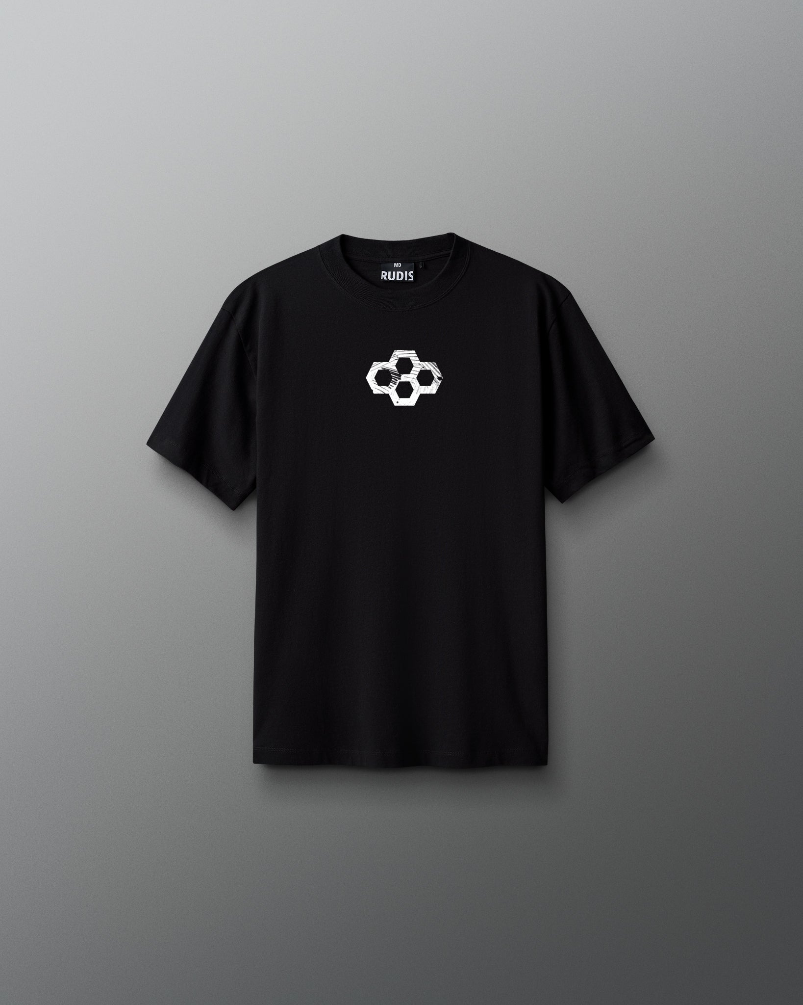 Front view of a black RUDIS T-shirt featuring a small white hexagon logo centered on the chest