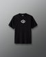 Front view of a black RUDIS T-shirt featuring a small white hexagon logo centered on the chest
