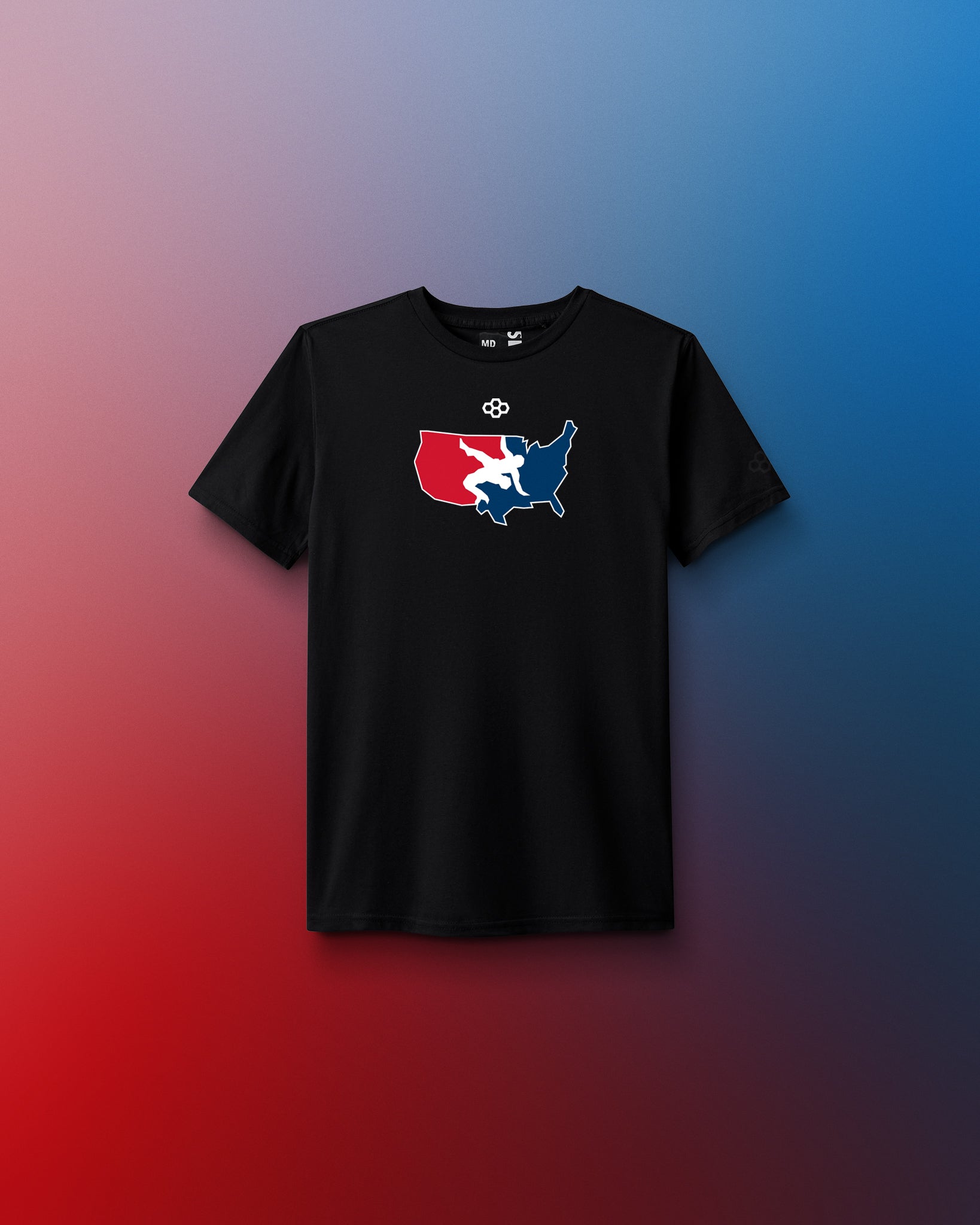 Black t-shirt with a colorful graphic on a gradient background