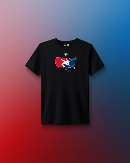 Black t-shirt with a colorful graphic on a gradient background