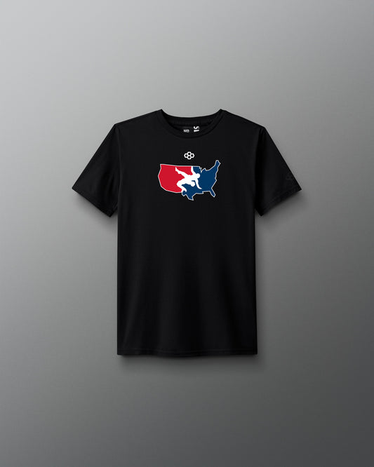 Black t-shirt with a colorful graphic on a gradient background