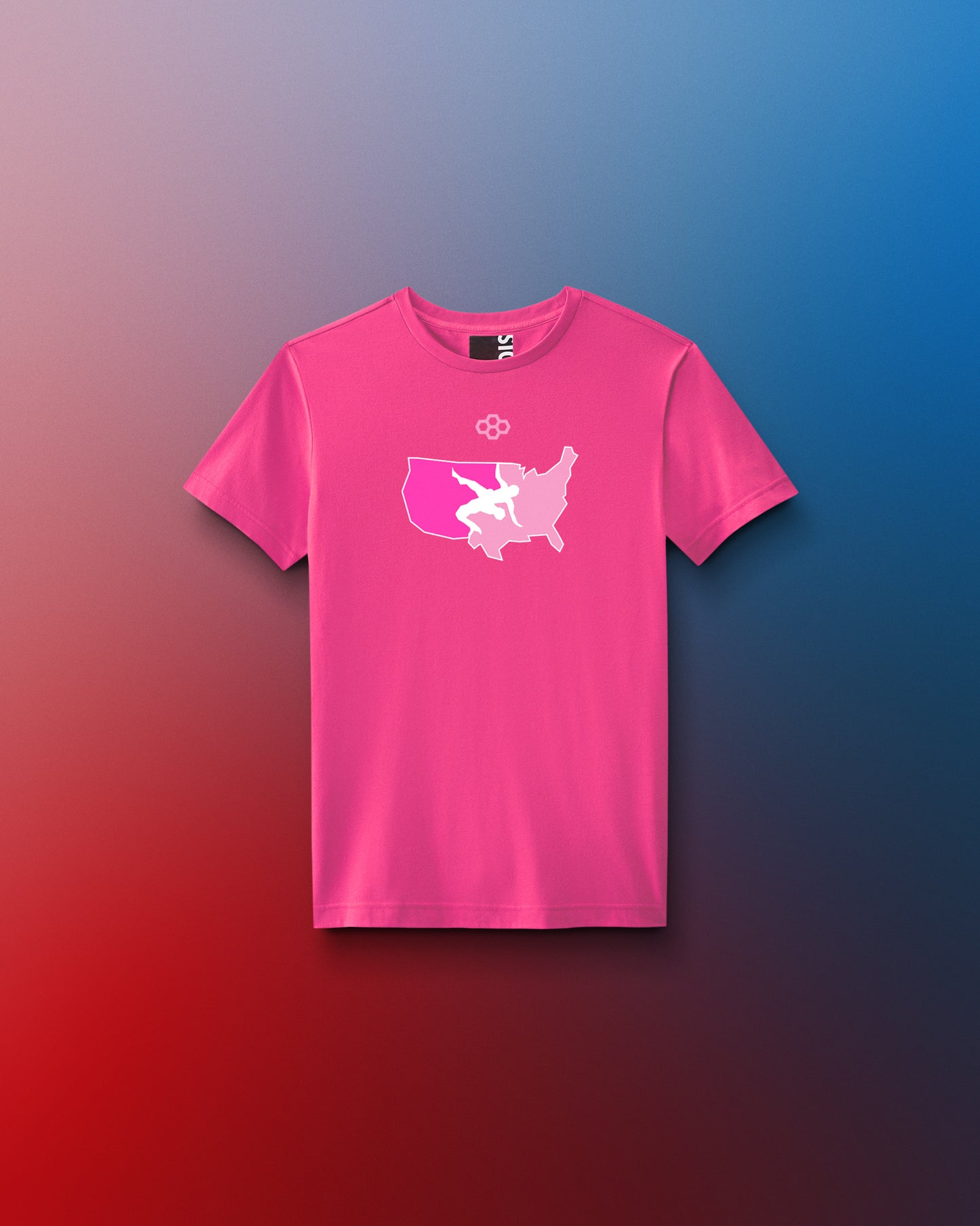 Pink t-shirt with a USA Wrestling graphic design on a gradient background