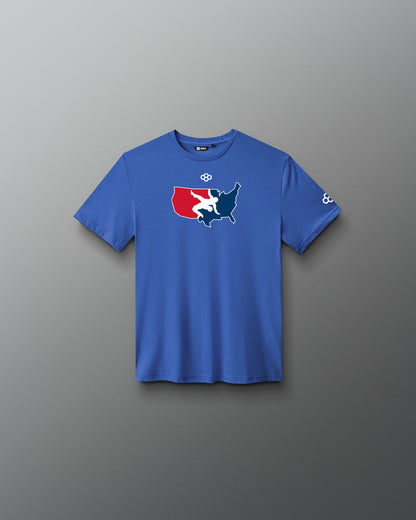 Blue t-shirt with a USA Wrestling graphic design on a gradient background