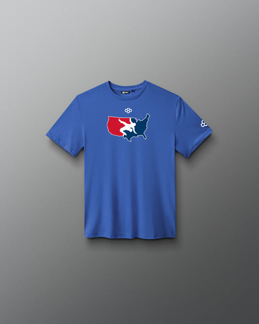 Blue t-shirt with a USA Wrestling graphic design on a gradient background
