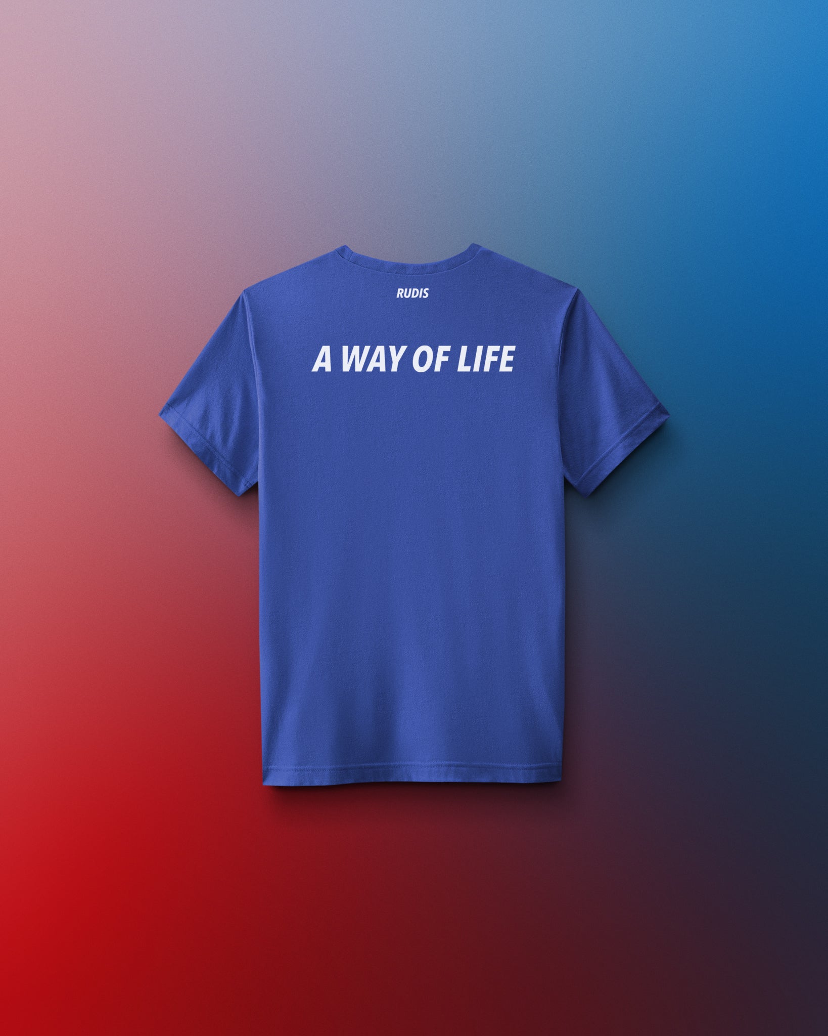 Blue t-shirt with 'A Way of Life' text on a gradient background