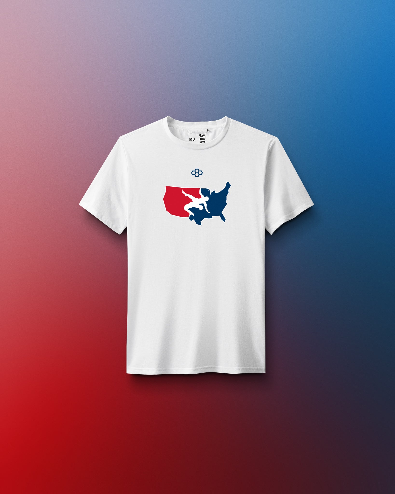 White t-shirt with a USA Wrestling graphic design on a gradient red to blue background