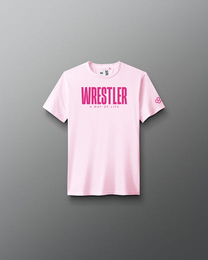 Pink t-shirt with 'Wrestler A Way of Life' text on a gray background
