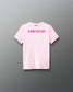 Pink t-shirt with text on the back against a gray background