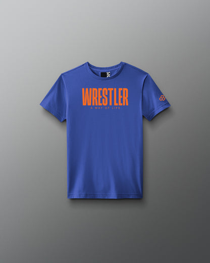 Blue t-shirt with 'Wrestler' text on a gray background