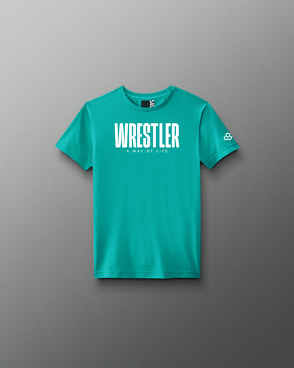 Teal t-shirt with 'Wrestler' text on a gray background