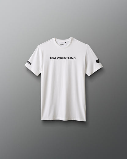 White t-shirt with 'USA Wrestling' text on a gray background