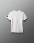 White t-shirt with small black logos on a gray background