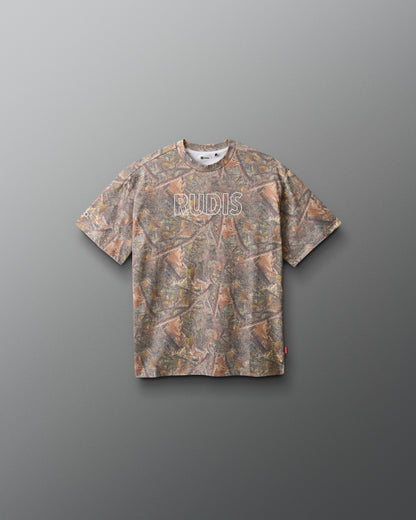 Camouflage-patterned t-shirt with 'RUDIS' branding on a gray background