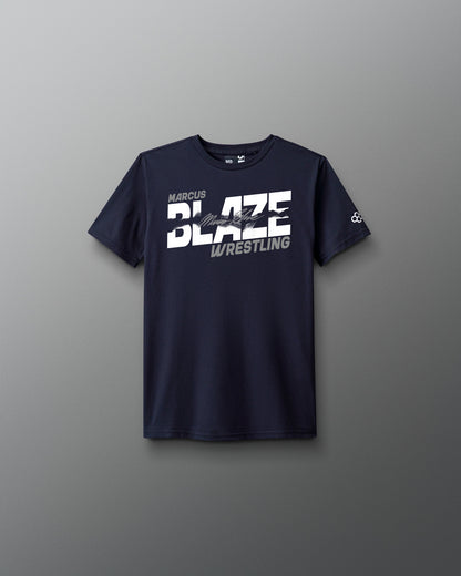 Navy blue t-shirt with 'Blaze Wrestling' text on a gray background