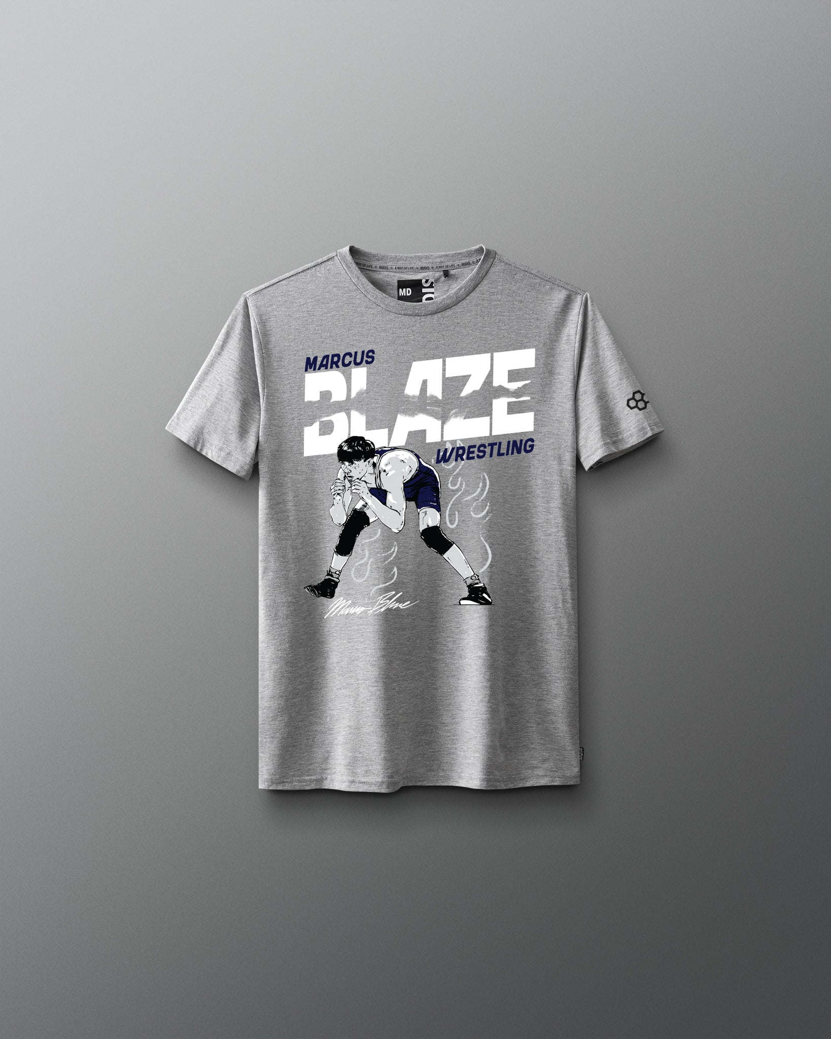 Gray t-shirt with a graphic design on a gray background